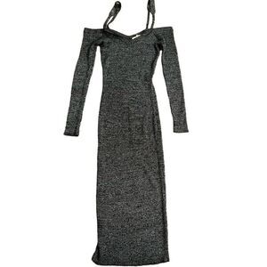 Open Edit Maxi Dress Women's Medium Black Ribbed‎ Off The Shoulder Long Sleeve